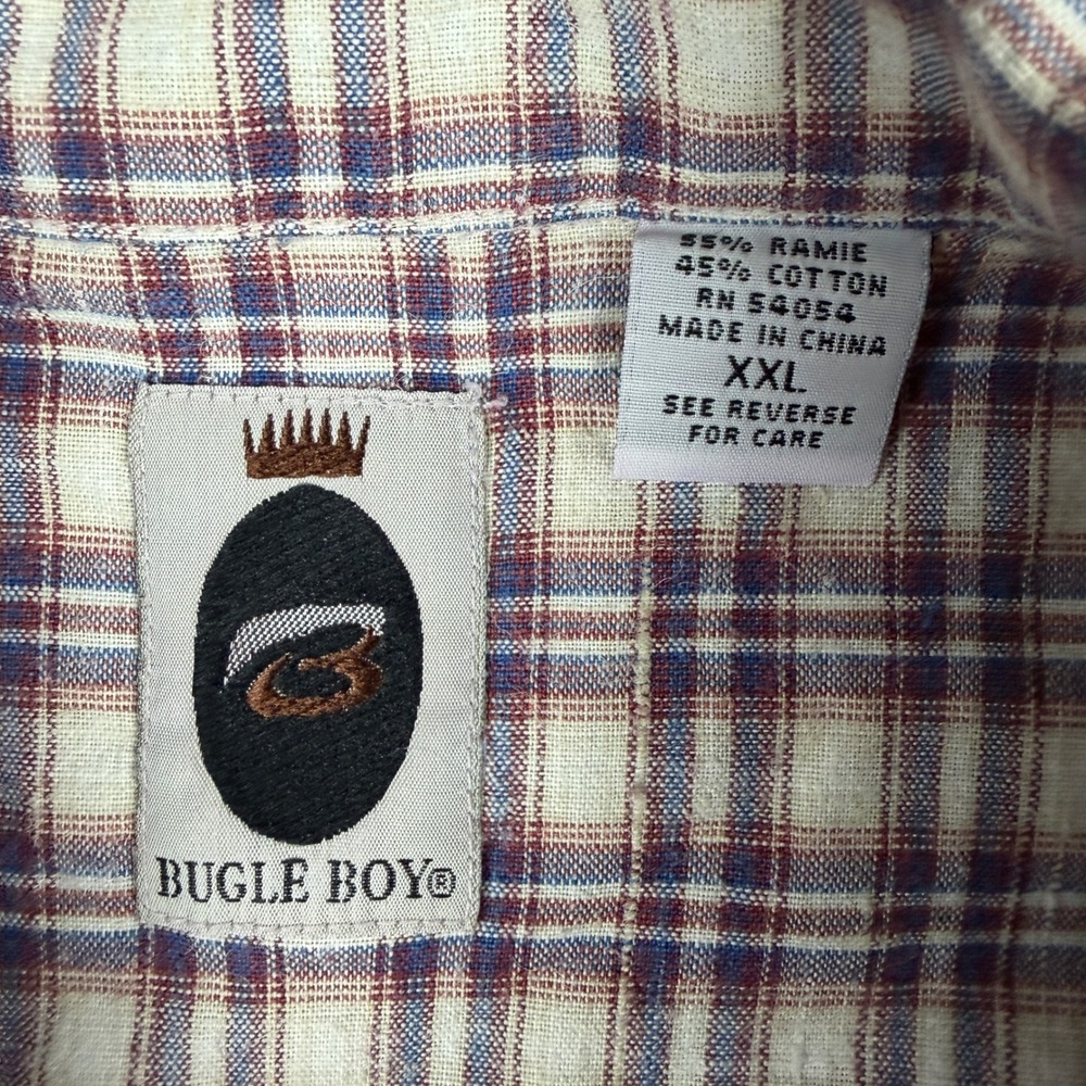 Bugle Boy Mens XXL Plaid Button Up Shirt Short Sleeve Ramie Cotton Blue Red - Picture 4 of 6